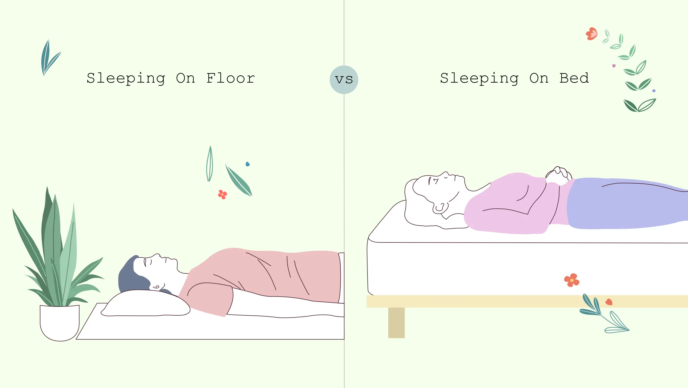 Illustration of sleeping on floor vs sleeping on bed